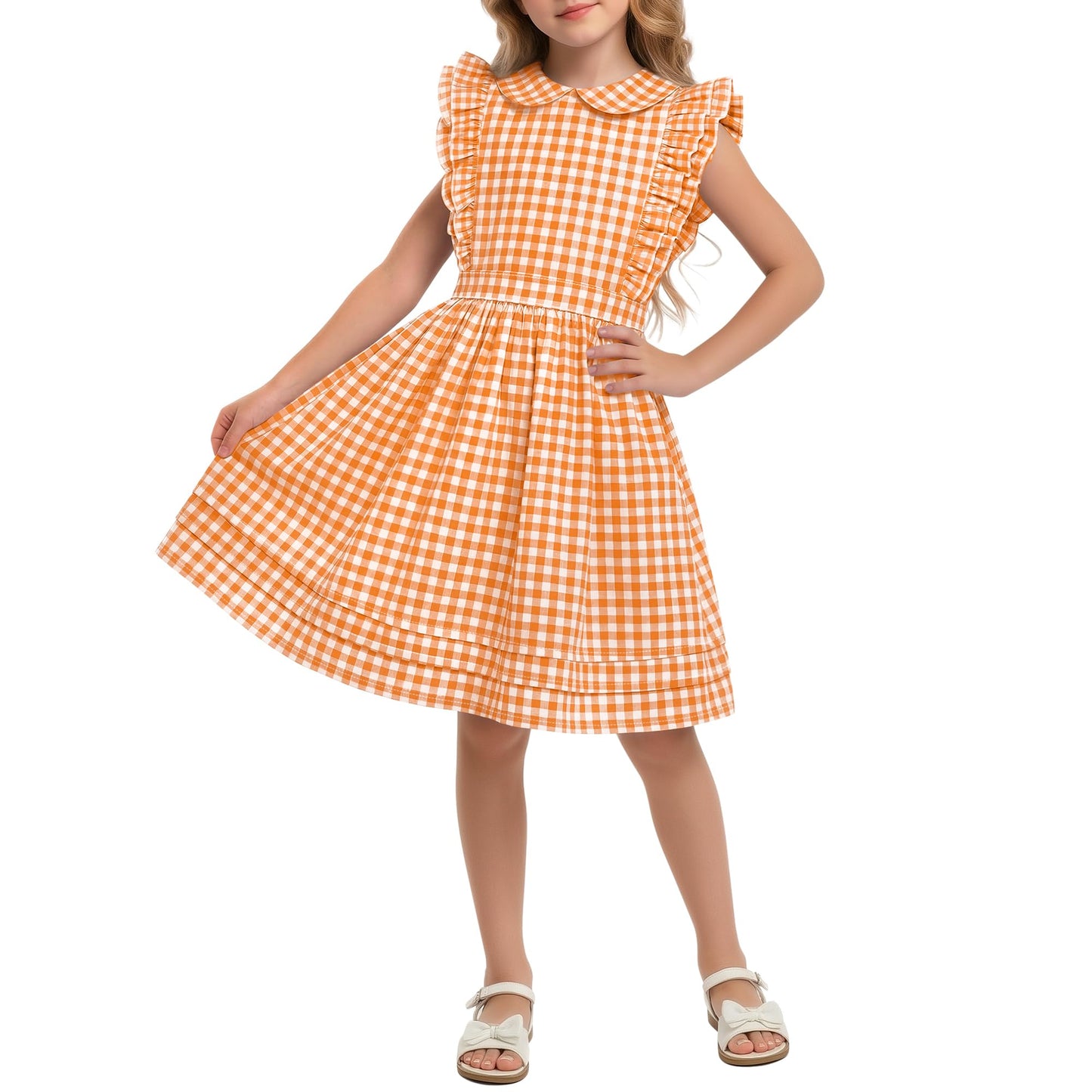 Xaatren Girls' Ruffle Sleeves Dress 5-14 Years Doll Collar Plaid Midi Length Gingham Flutter Pockets Summer Dress with Zipper
