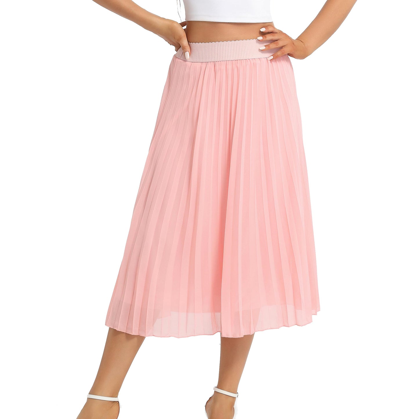 Womens Chiffon High Waist Skirt Pleated A-Line Swing Elastic Shirring Midi Length