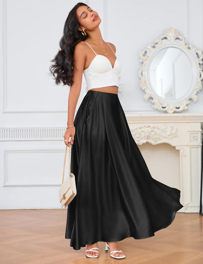 MAKABO Maxi Satin Skirts for Womens High Waisted Flowy Long A line Skirt Trendy for Office Holiday Party