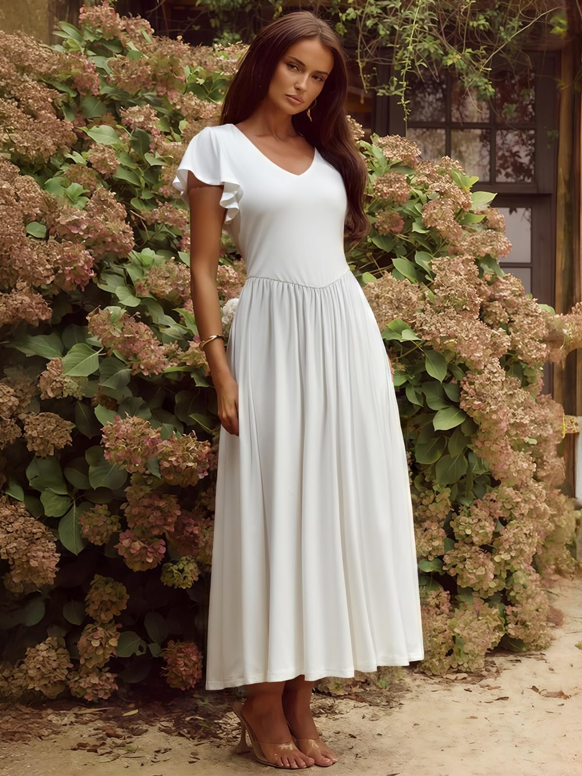 YUNDAI Women's Scoop Neck Flutter Sleeve Midi Dress with Pocket Elegant Flowy A Line Tie Back Dress