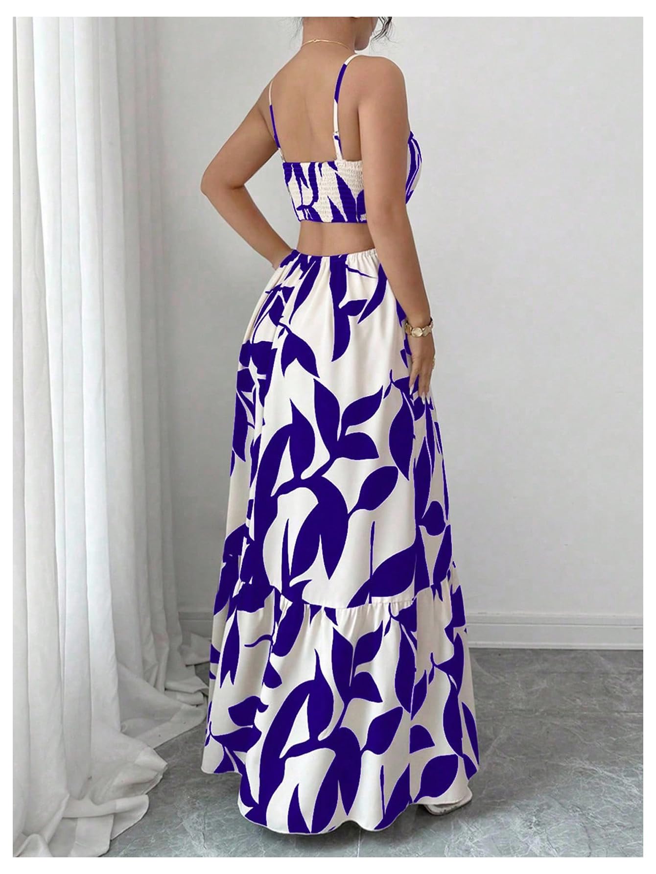 OYOANGLE Women's Cut Out Floral Print Tropical Maxi Cami Dress Ruffle Flowy Summer Vacation Spaghetti Strap Sundress