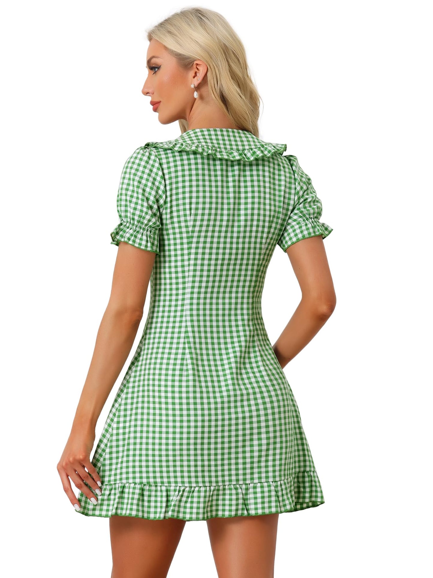 Allegra K Women's Gingham Checks Ruffled Peter Pan Collar Cute Mini Dress