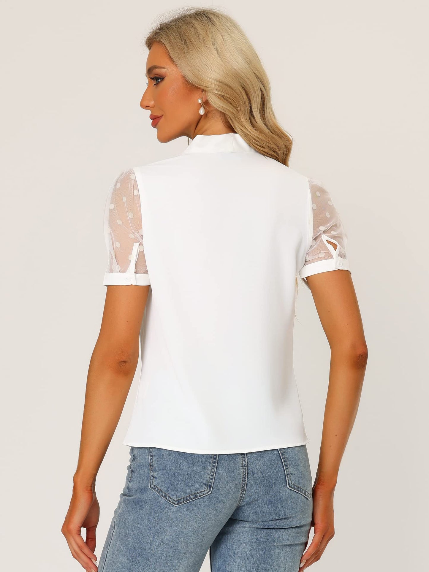 Allegra K Women's Bow Tie Neck V Neck Stand Collar Short Mesh Sleeve Blouse