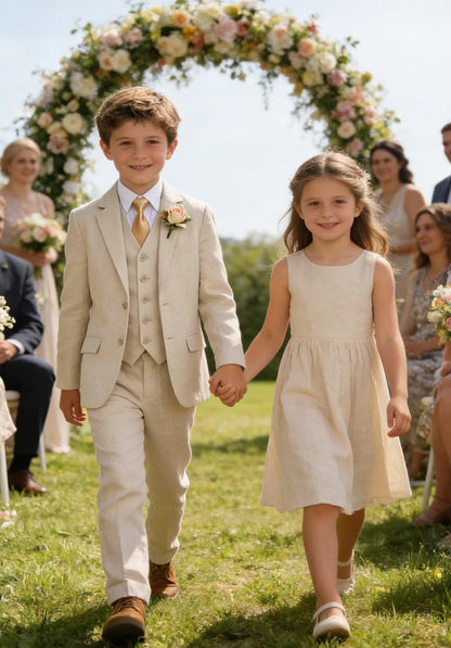 Boys Linen Suit Formal 3 Piece Toddler Tuxedo for Summer Beach Wedding Outfit Slim Fit Kids Suits Jacket Vest Pants