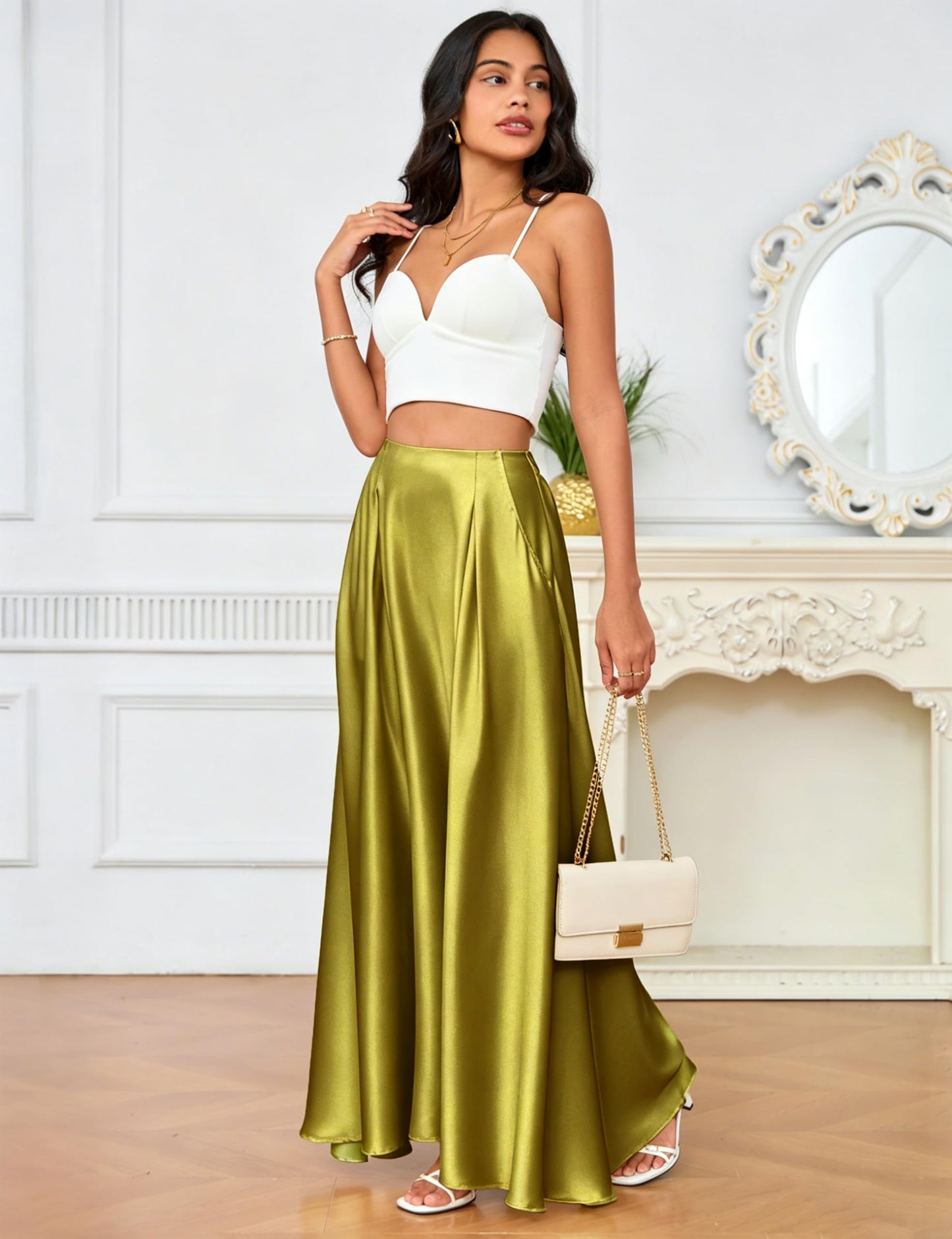 MAKABO Maxi Satin Skirts for Womens High Waisted Flowy Long A line Skirt Trendy for Office Holiday Party