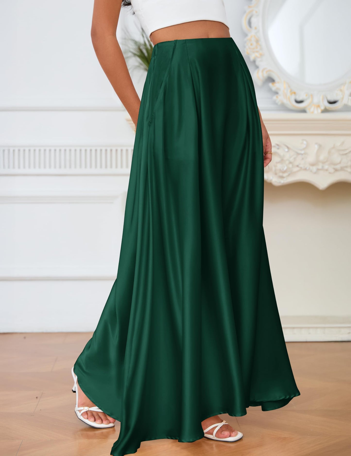 MAKABO Maxi Satin Skirts for Womens High Waisted Flowy Long A line Skirt Trendy for Office Holiday Party