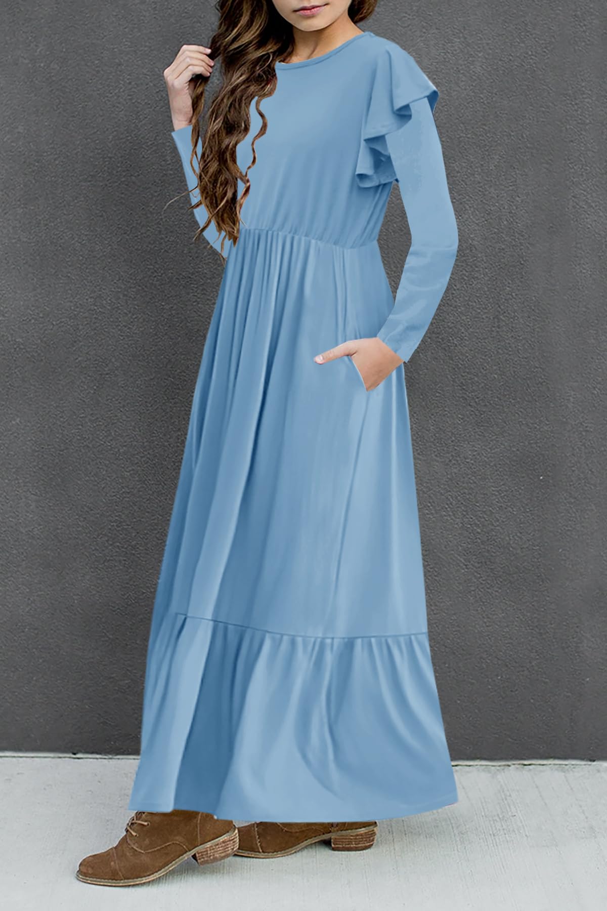 HOSIKA Girls Fall Ruffle Long Sleeve Crew Neck Loose Casual Flowy Tiered Maxi Dress with Pockets for 6-12 Y