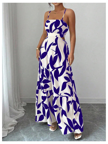 OYOANGLE Women's Cut Out Floral Print Tropical Maxi Cami Dress Ruffle Flowy Summer Vacation Spaghetti Strap Sundress