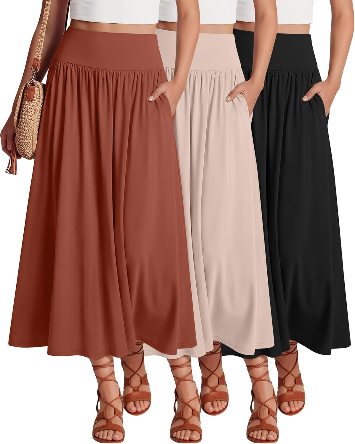 Ficerd 3 Pack Maxi Long Skirts for Women, Ankle Length High Waisted Pleated Flowy a Line Summer Casual Skirts with Pockets