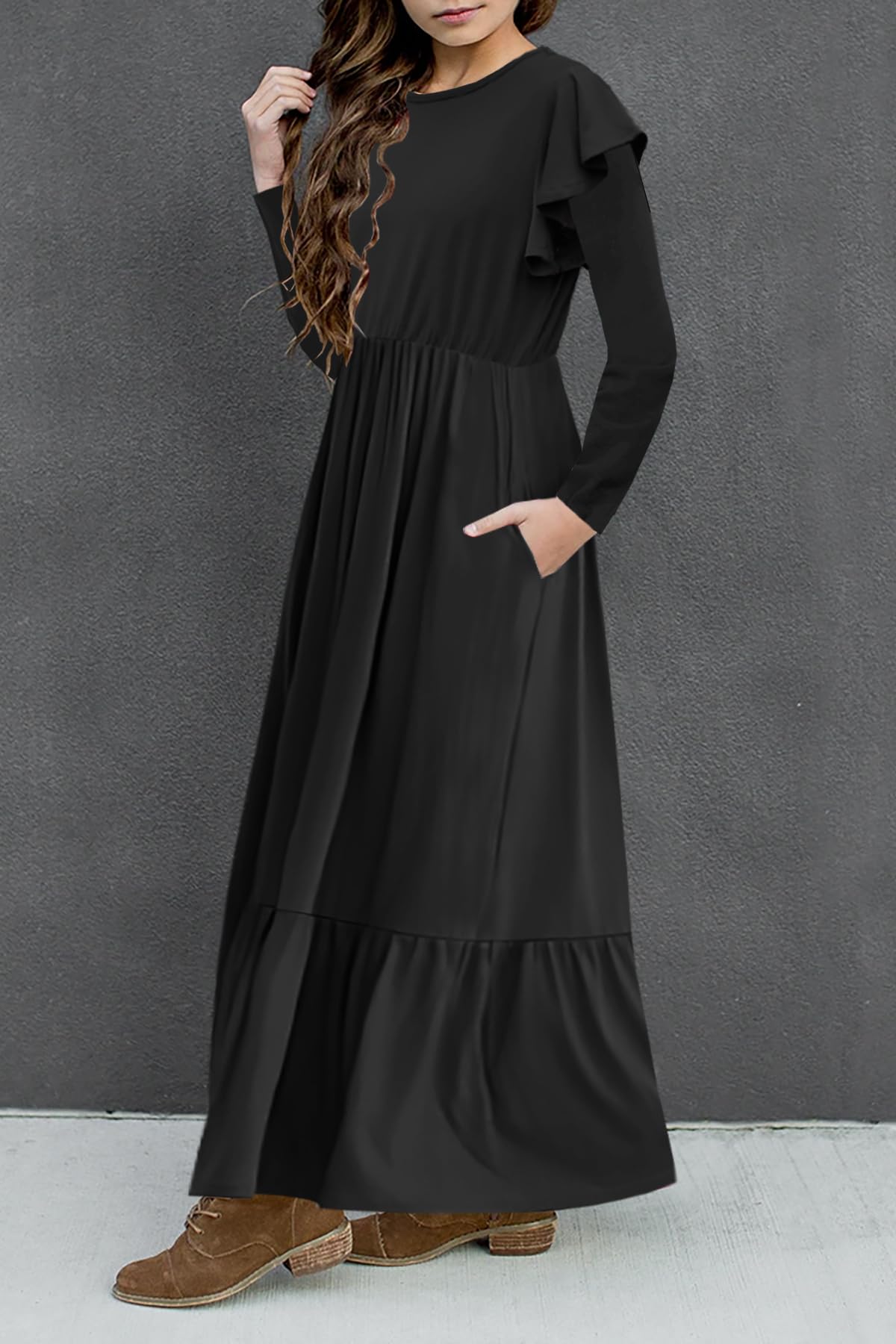 HOSIKA Girls Fall Ruffle Long Sleeve Crew Neck Loose Casual Flowy Tiered Maxi Dress with Pockets for 6-12 Y