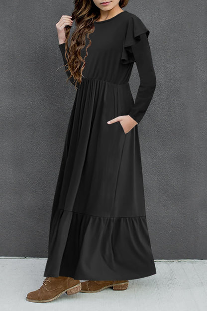 HOSIKA Girls Fall Ruffle Long Sleeve Crew Neck Loose Casual Flowy Tiered Maxi Dress with Pockets for 6-12 Y