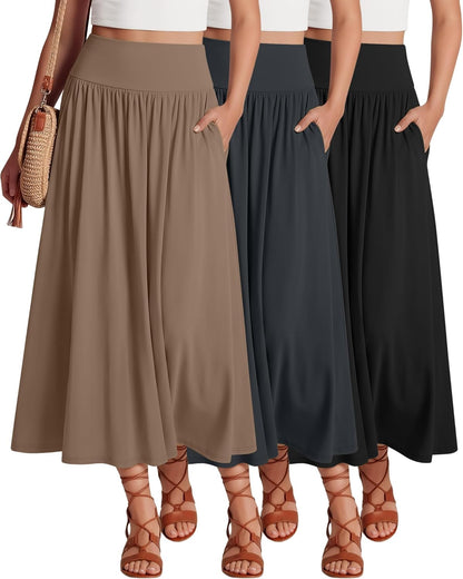 Ficerd 3 Pack Maxi Long Skirts for Women, Ankle Length High Waisted Pleated Flowy a Line Summer Casual Skirts with Pockets