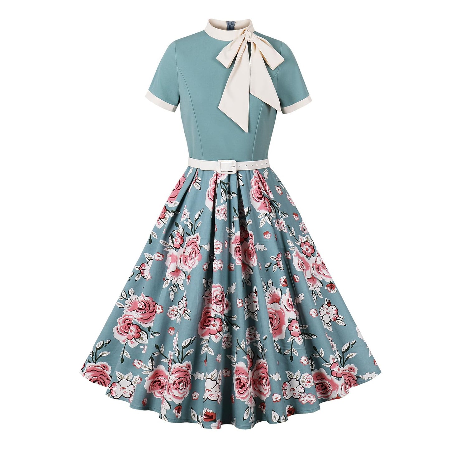 50s Style Dresses for Women Vintage Short Sleeve Tie Neck Swing Dress Midi Prom Dress with Belt
