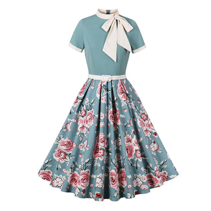 50s Style Dresses for Women Vintage Short Sleeve Tie Neck Swing Dress Midi Prom Dress with Belt