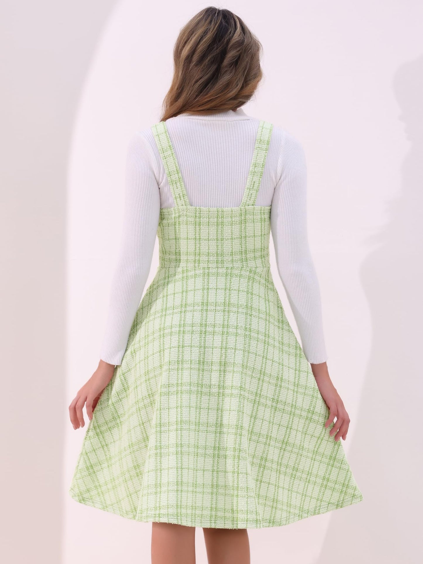 Allegra K Tweed Dress for Women Sleeveless Square Neck Plaid A-Line Pinafore Overall Dresses