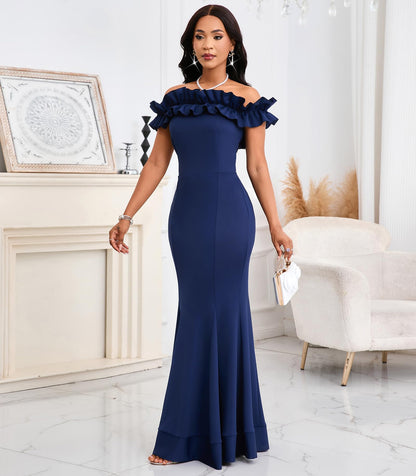 Cololura Sexy Floor-Length Off Shoulder Ruffles Stringy Selvedge Mermaid Bodycon Party Evening Maxi Dress