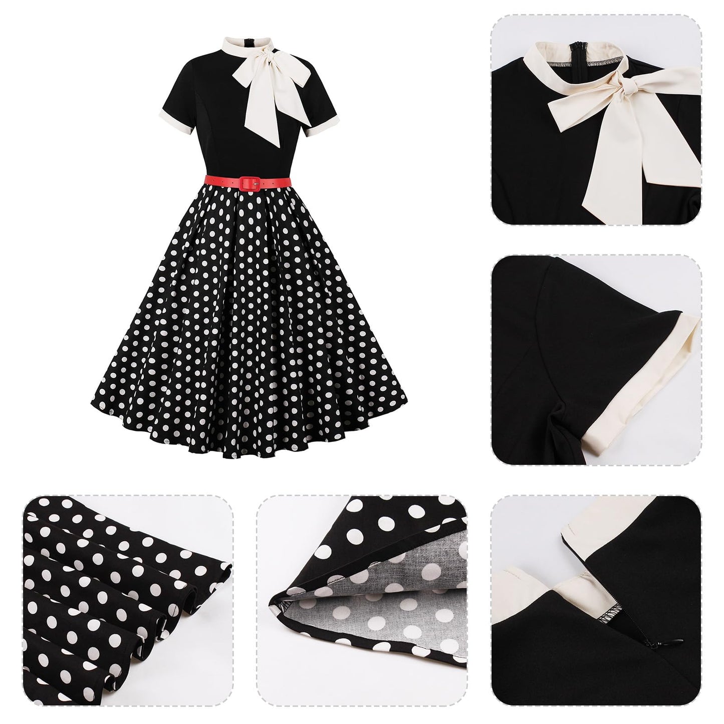 50s Style Dresses for Women Vintage Short Sleeve Tie Neck Swing Dress Midi Prom Dress with Belt