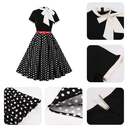 50s Style Dresses for Women Vintage Short Sleeve Tie Neck Swing Dress Midi Prom Dress with Belt