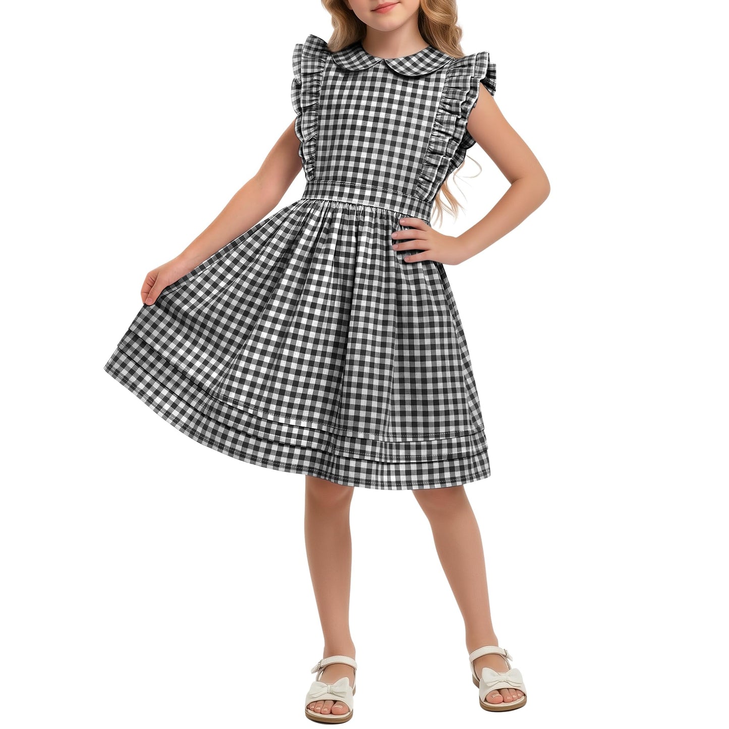 Xaatren Girls' Ruffle Sleeves Dress 5-14 Years Doll Collar Plaid Midi Length Gingham Flutter Pockets Summer Dress with Zipper