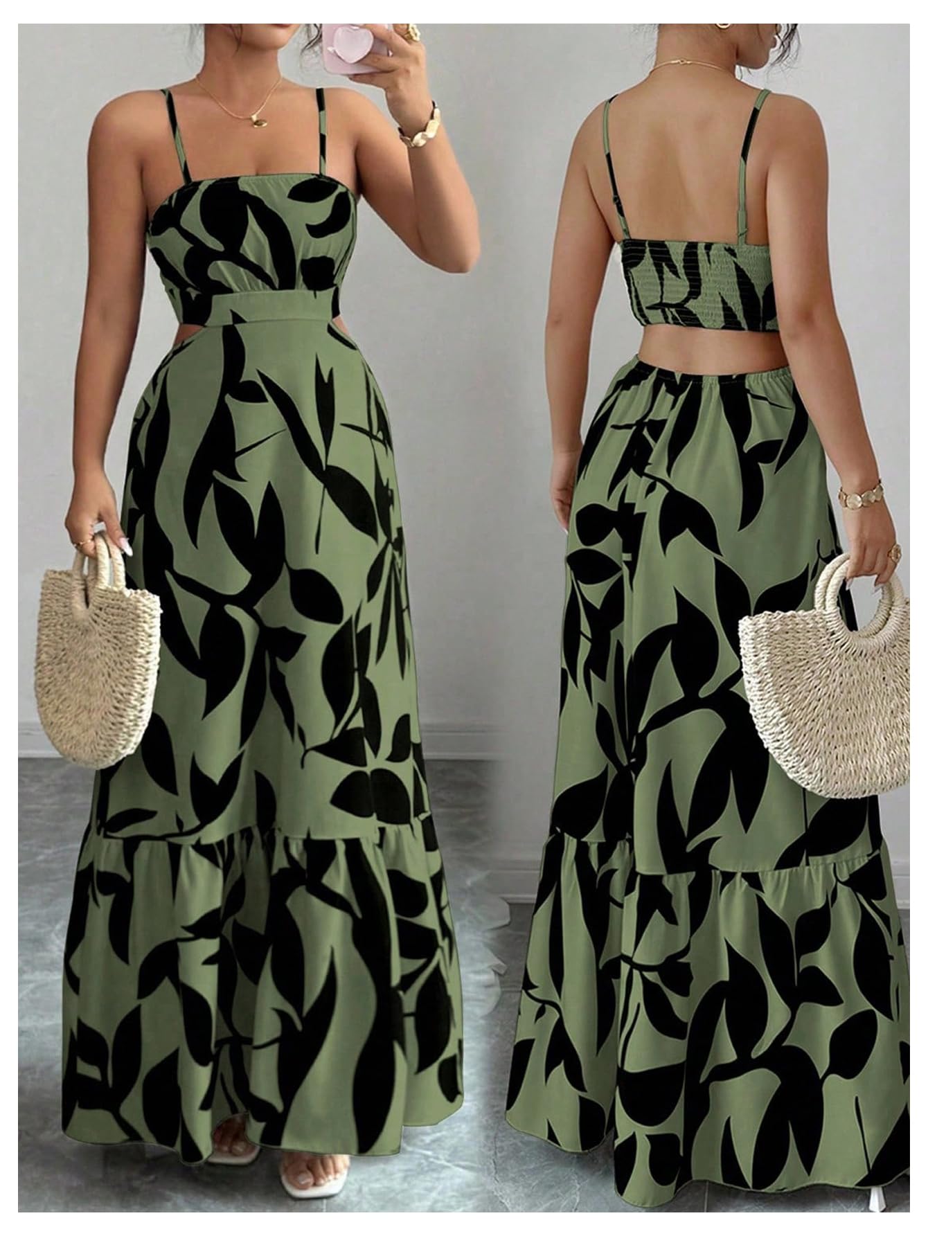 OYOANGLE Women's Cut Out Floral Print Tropical Maxi Cami Dress Ruffle Flowy Summer Vacation Spaghetti Strap Sundress