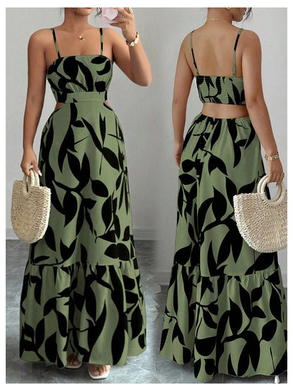 OYOANGLE Women's Cut Out Floral Print Tropical Maxi Cami Dress Ruffle Flowy Summer Vacation Spaghetti Strap Sundress