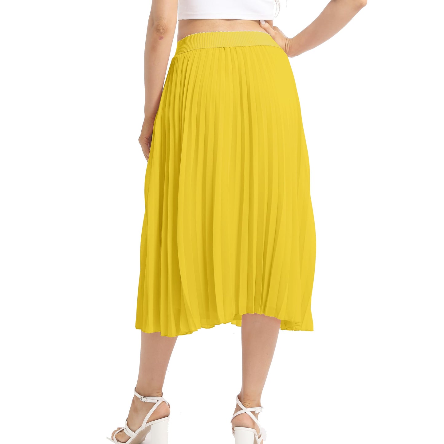 Womens Chiffon High Waist Skirt Pleated A-Line Swing Elastic Shirring Midi Length