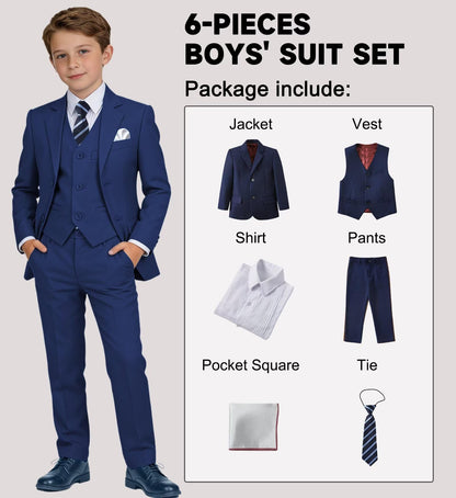 Boys' Suit Kids Formal Tuxedo Suits Set for Boys 6 Piece Dress Clothes Easter Wedding Outfit with Tie Pocket Square
