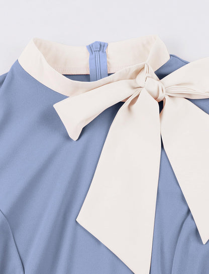 50s Style Dresses for Women Vintage Short Sleeve Tie Neck Swing Dress Midi Prom Dress with Belt