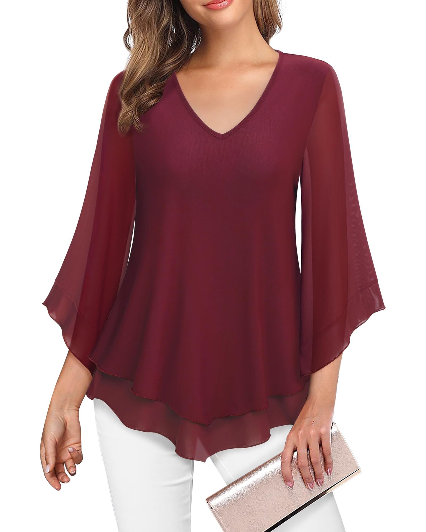 Lotusmile Womens Dressy Blouse Double Layers Mesh Shirt Ruffle 3/4 Flared Sleeve Tunic Tops