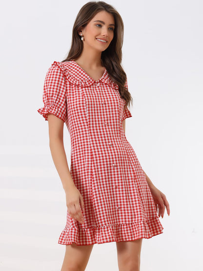 Allegra K Women's Gingham Checks Ruffled Peter Pan Collar Cute Mini Dress