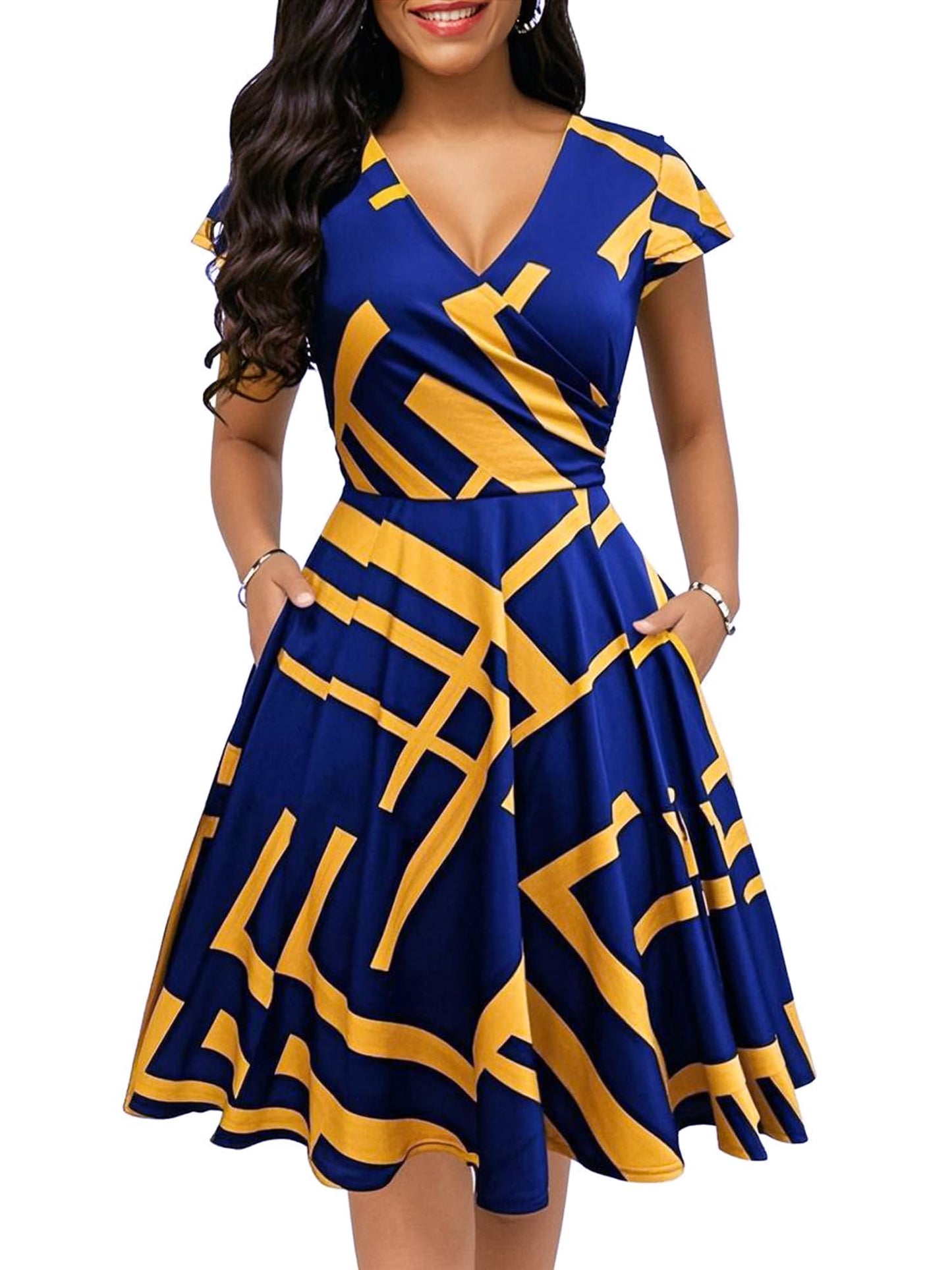 oxiuly Women's Vintage Dot V-Neck Cap Sleeve Casual Pockets Swing Tea Dress OX296