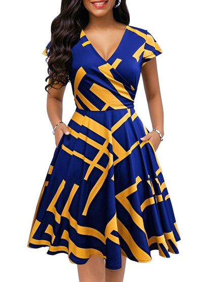 oxiuly Women's Vintage Dot V-Neck Cap Sleeve Casual Pockets Swing Tea Dress OX296