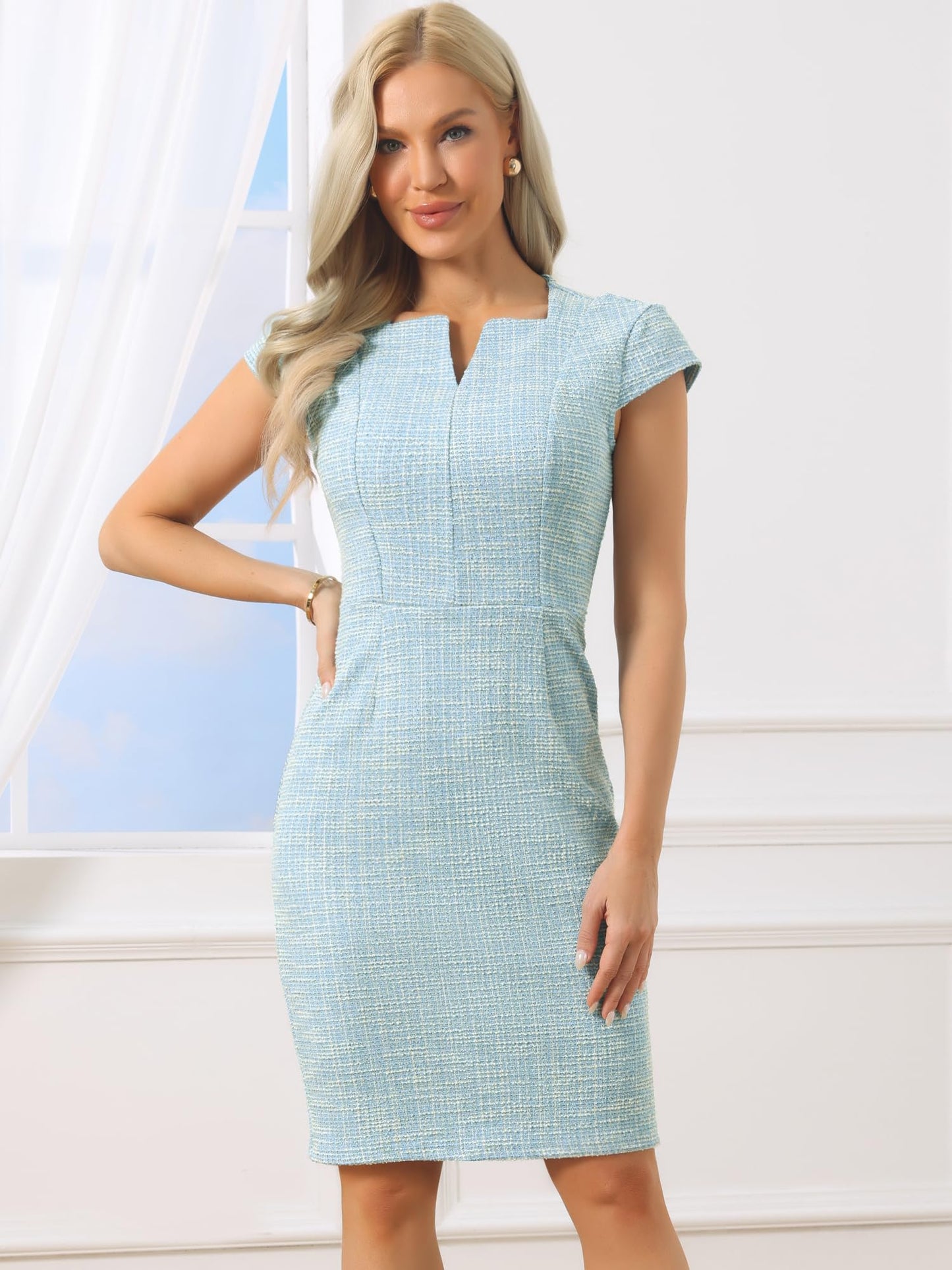 Allegra K Tweed Dress for Women Cap Sleeve Square Neck Business Casual Elegant Bodycon Dresses