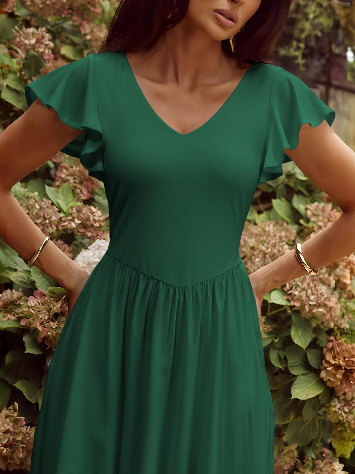 YUNDAI Women's Scoop Neck Flutter Sleeve Midi Dress with Pocket Elegant Flowy A Line Tie Back Dress