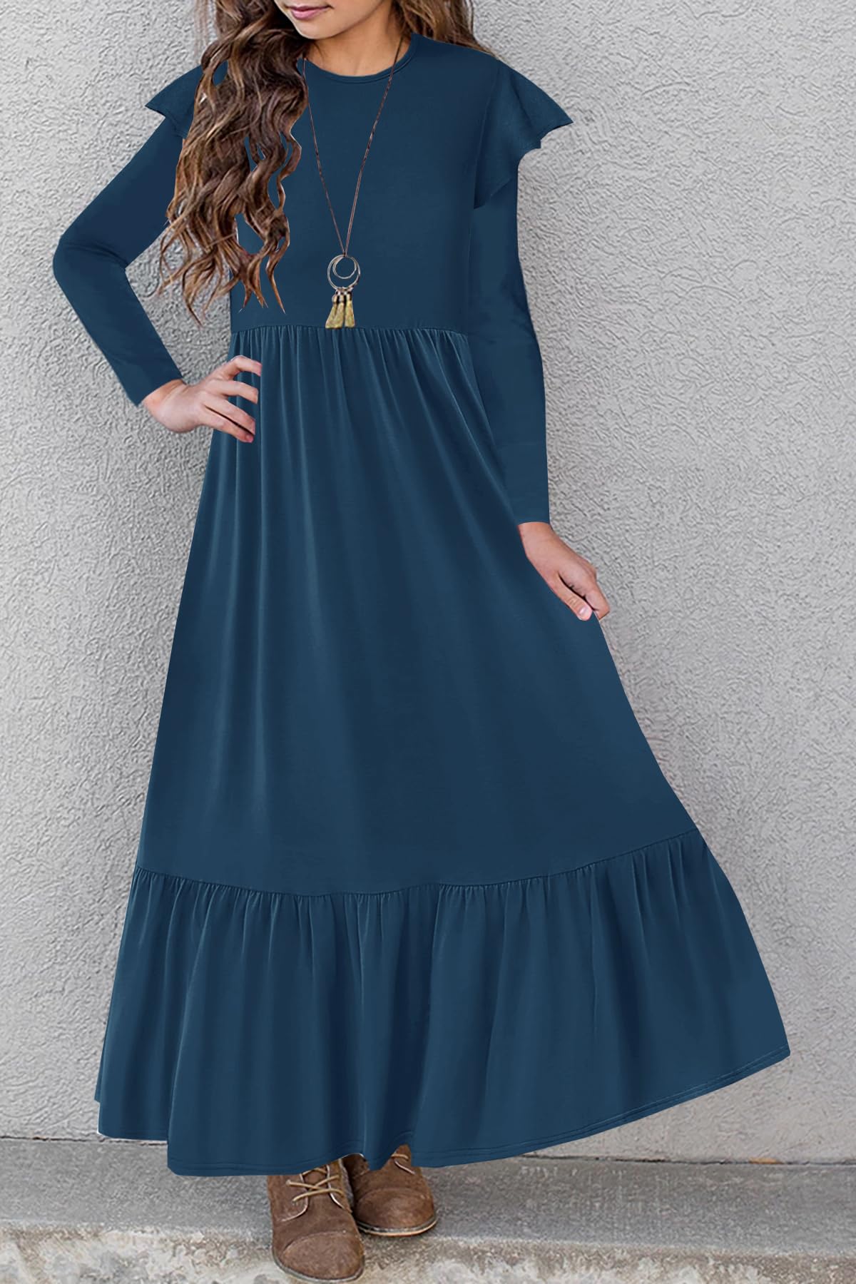 HOSIKA Girls Fall Ruffle Long Sleeve Crew Neck Loose Casual Flowy Tiered Maxi Dress with Pockets for 6-12 Y