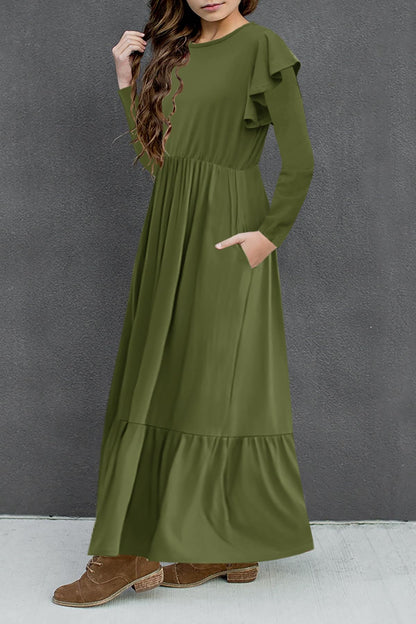 HOSIKA Girls Fall Ruffle Long Sleeve Crew Neck Loose Casual Flowy Tiered Maxi Dress with Pockets for 6-12 Y