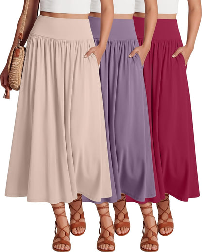 Ficerd 3 Pack Maxi Long Skirts for Women, Ankle Length High Waisted Pleated Flowy a Line Summer Casual Skirts with Pockets