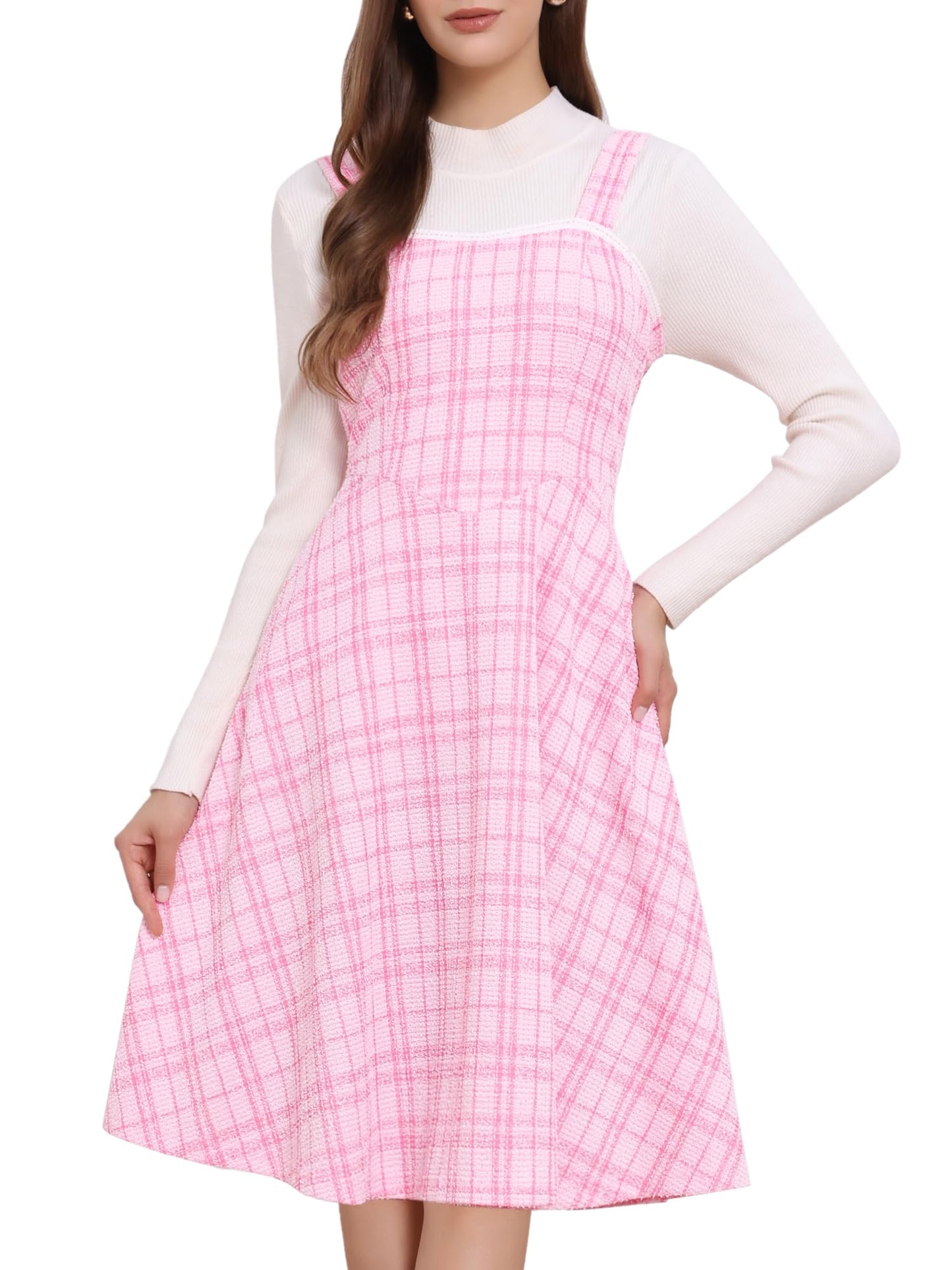 Allegra K Tweed Dress for Women Sleeveless Square Neck Plaid A-Line Pinafore Overall Dresses