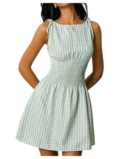 Floerns Women's Tie Shoulder A Line Gingham Dress Boat Neck Mini Checkered Elegant Dresses