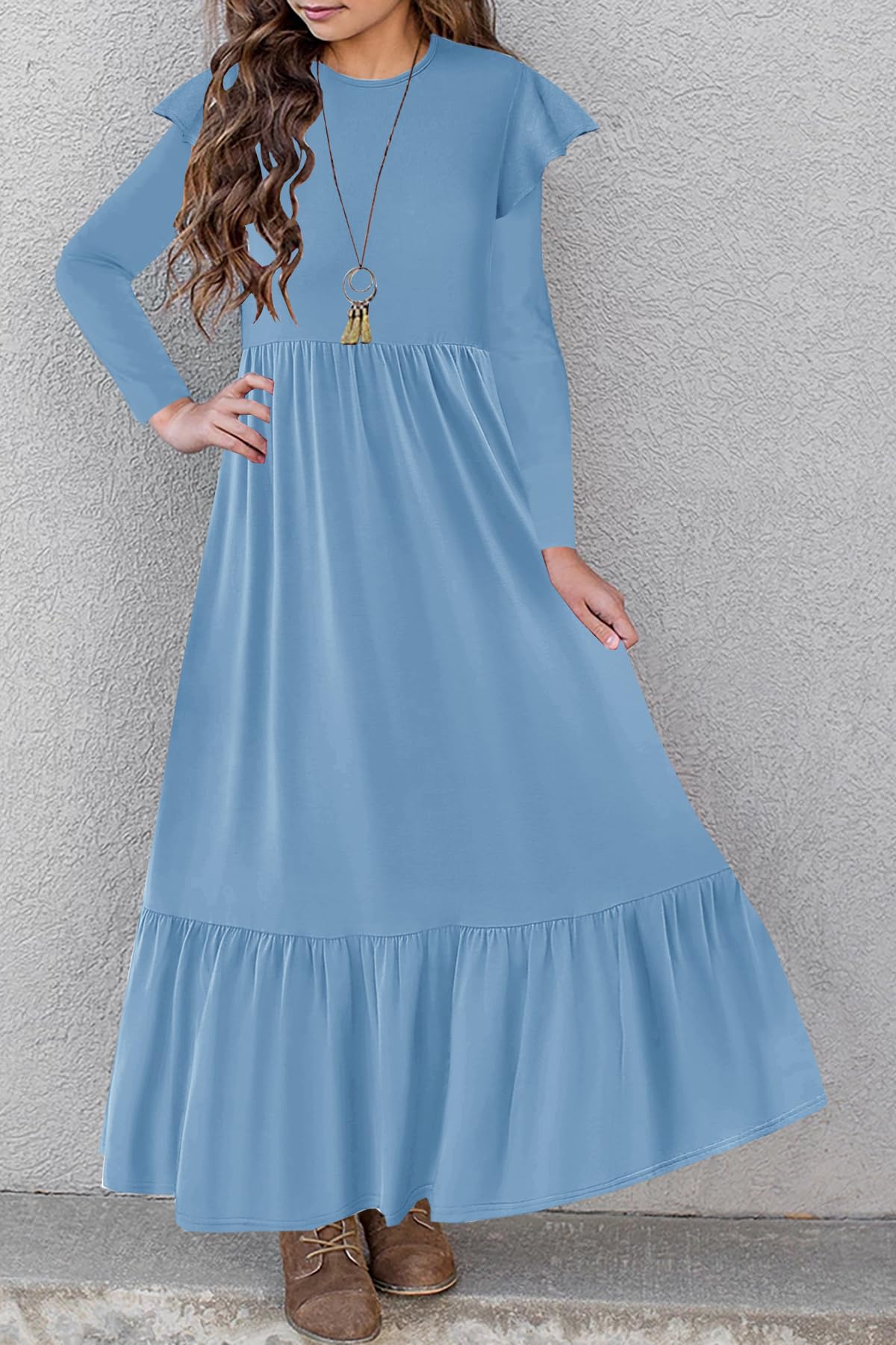 HOSIKA Girls Fall Ruffle Long Sleeve Crew Neck Loose Casual Flowy Tiered Maxi Dress with Pockets for 6-12 Y