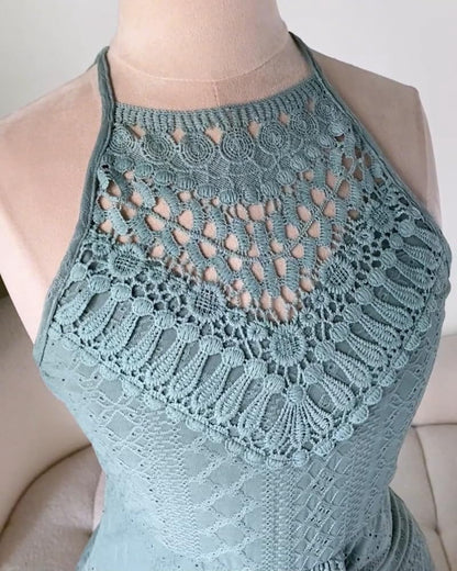 CHICME Womens Summer Halter Dress Hollow Out A Line Vacation Dresses with Eyelet Embroidery & Side Slit