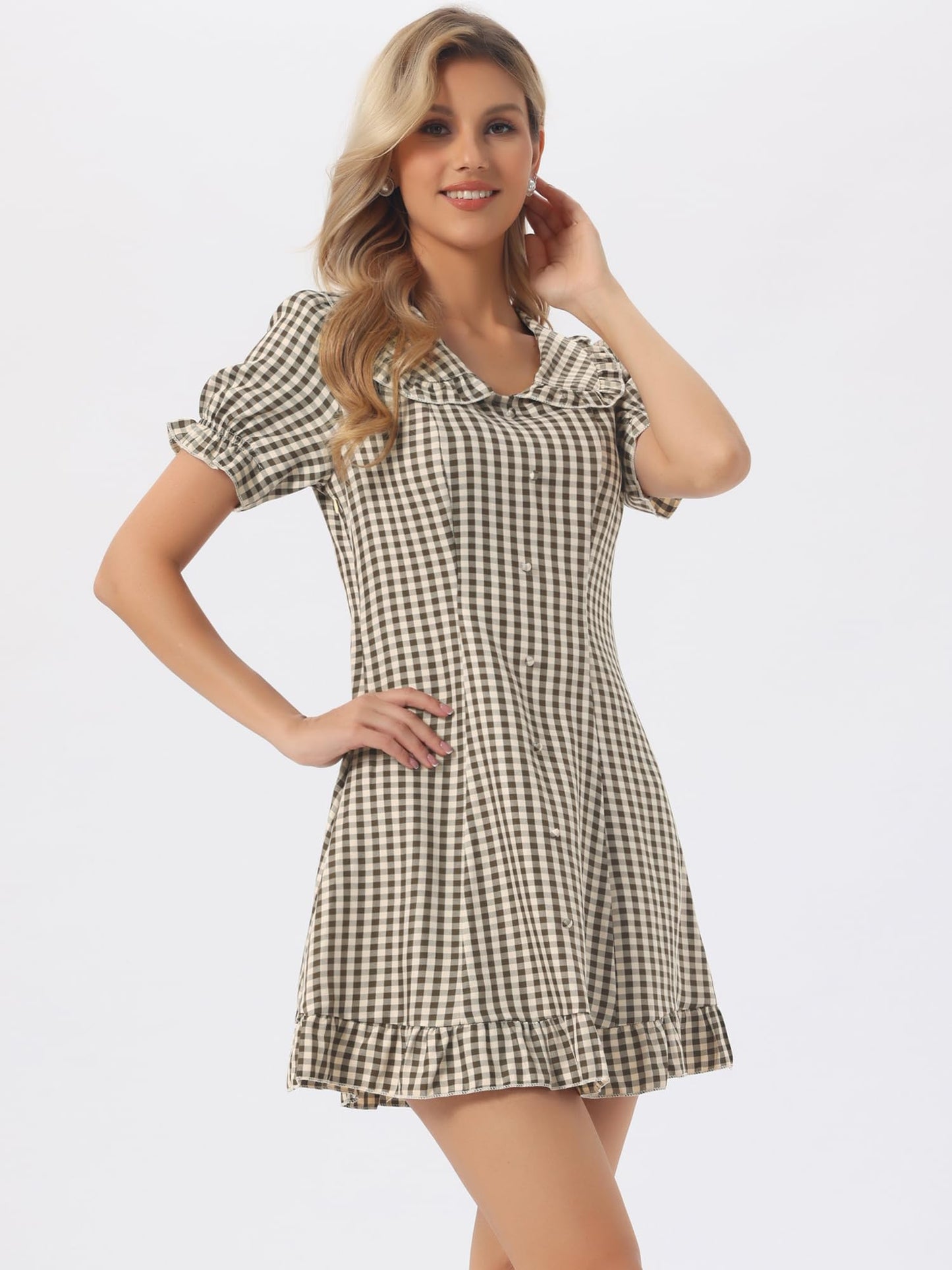 Allegra K Women's Gingham Checks Ruffled Peter Pan Collar Cute Mini Dress