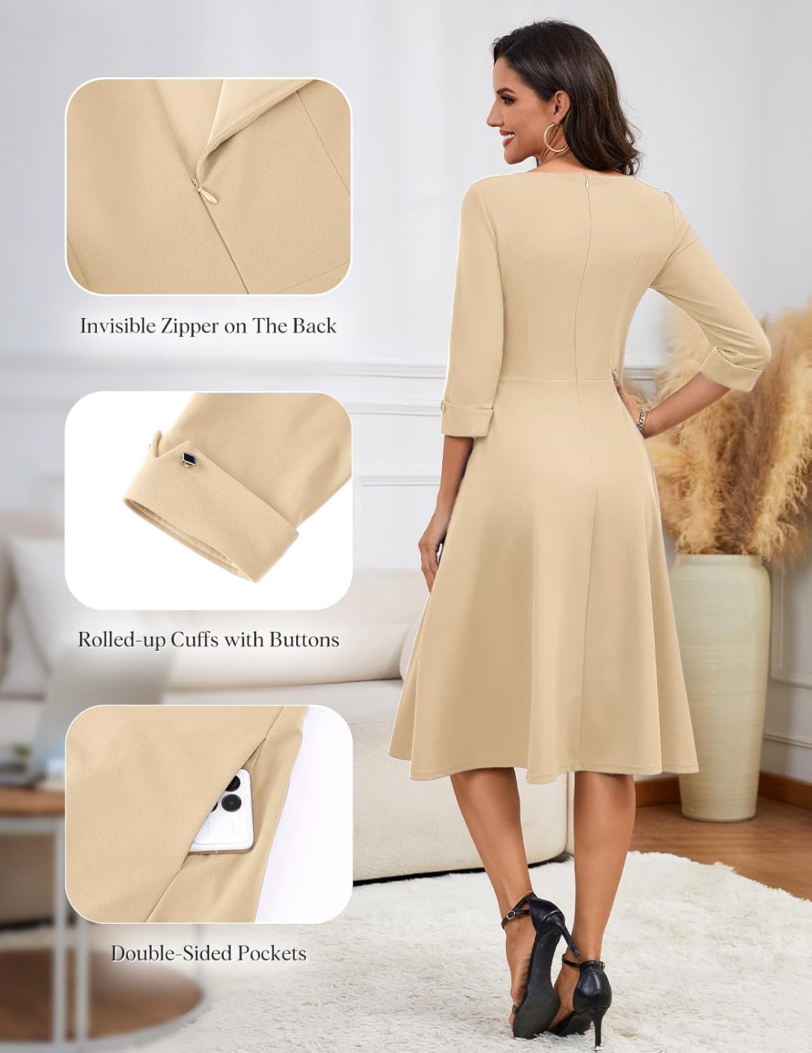 HomRain Women's Fit and Flare Midi Dress-3/4 Sleeve Modest Church Dress Classy Causal Work Dresses with Pockets
