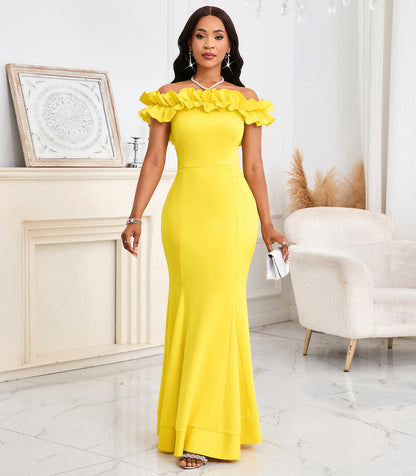 Cololura Sexy Floor-Length Off Shoulder Ruffles Stringy Selvedge Mermaid Bodycon Party Evening Maxi Dress