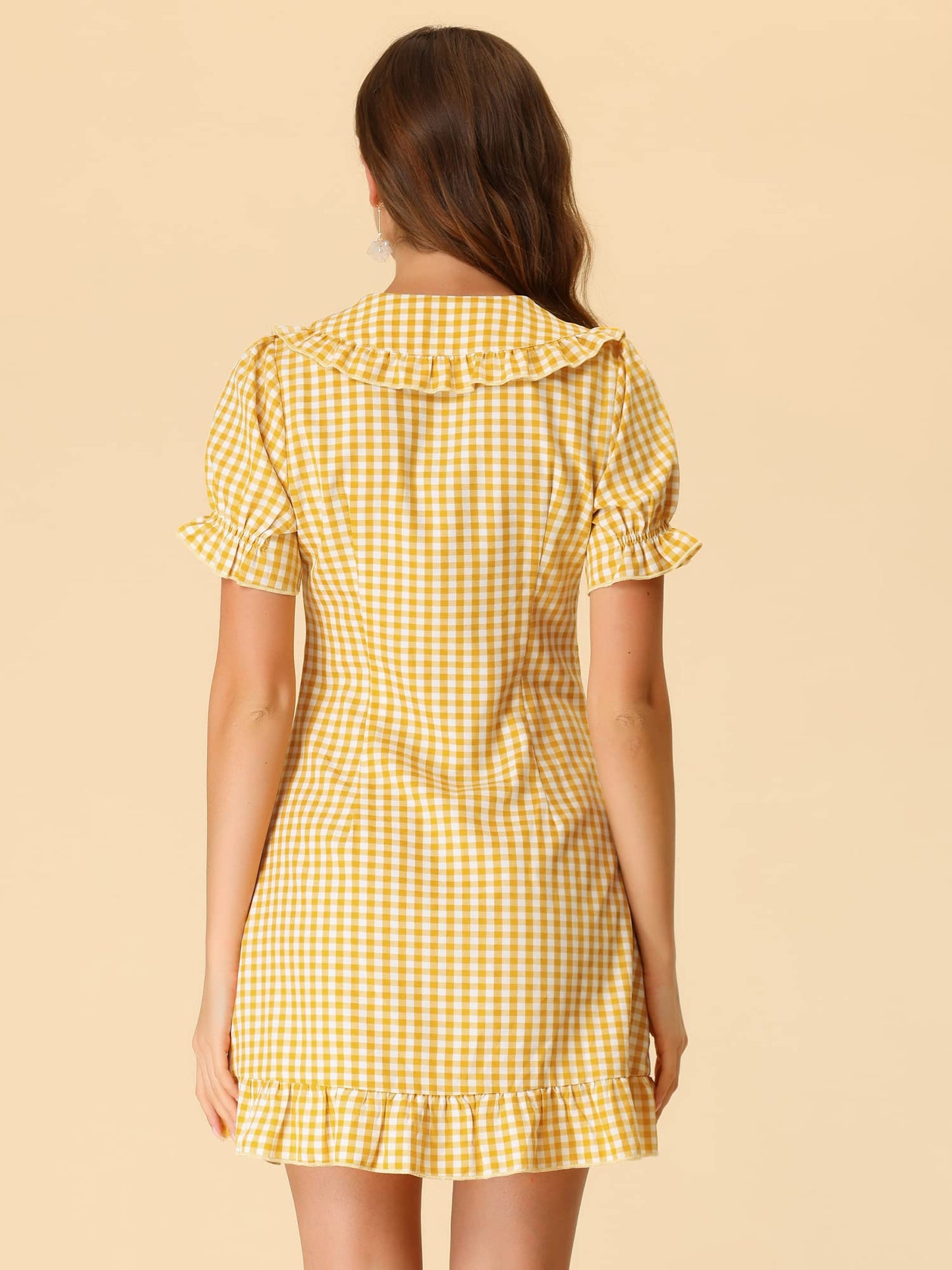 Allegra K Women's Gingham Checks Ruffled Peter Pan Collar Cute Mini Dress