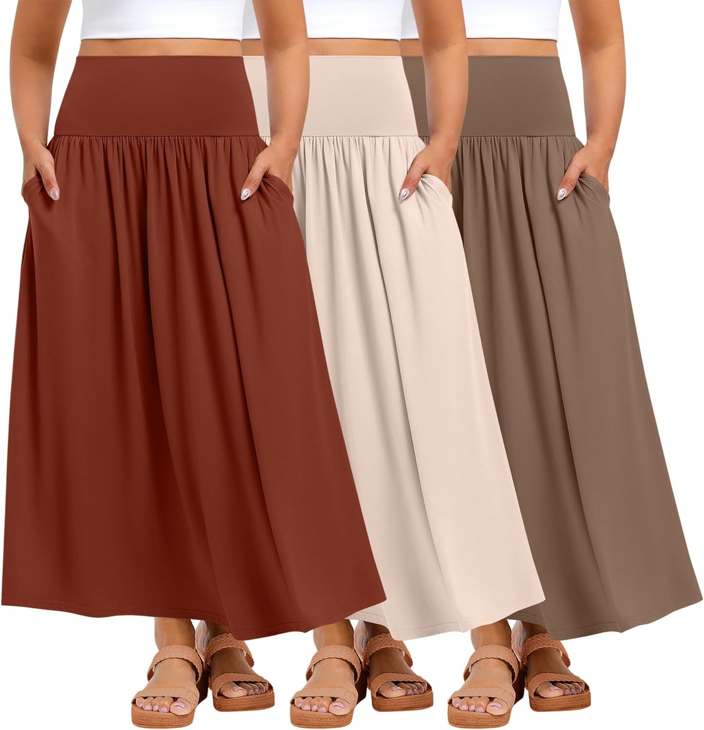Ficerd 3 Pack Plus Size Maxi Skirts for Curvy Women Pockets Casual 2026 Boho Summer Flowy Long Skirt a Line High Waist Dress