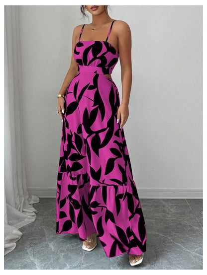 OYOANGLE Women's Cut Out Floral Print Tropical Maxi Cami Dress Ruffle Flowy Summer Vacation Spaghetti Strap Sundress