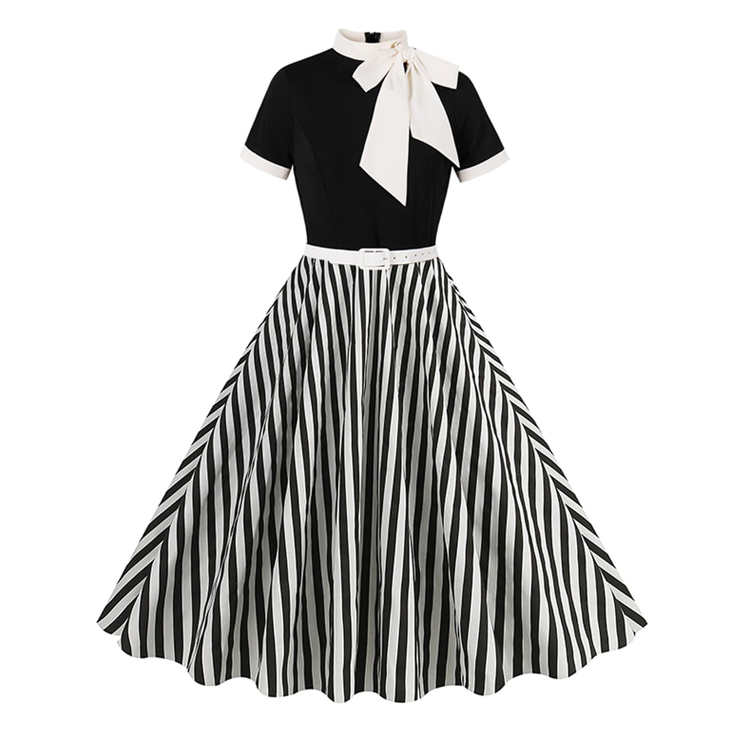 50s Style Dresses for Women Vintage Short Sleeve Tie Neck Swing Dress Midi Prom Dress with Belt