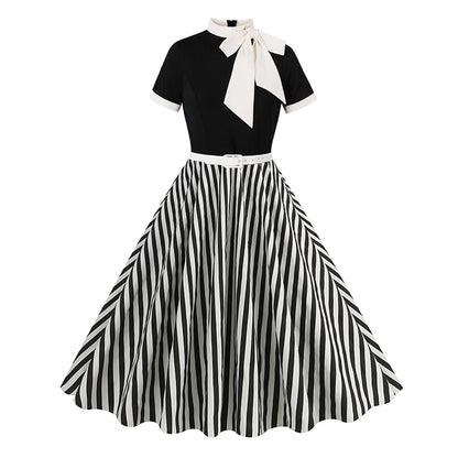 50s Style Dresses for Women Vintage Short Sleeve Tie Neck Swing Dress Midi Prom Dress with Belt