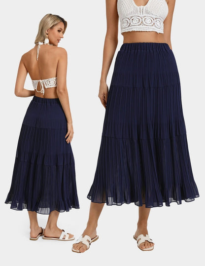Kate Kasin 2026 Women's Chiffon Maxi Skirt, High Waist Pleated Skirts, Summer Flowy Long Skirts with Underskirt